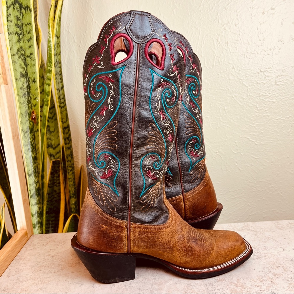 Tony Lama Brown Leather Western Heeled Boots with Turquoise & Red Embroidery - Picture 5 of 15